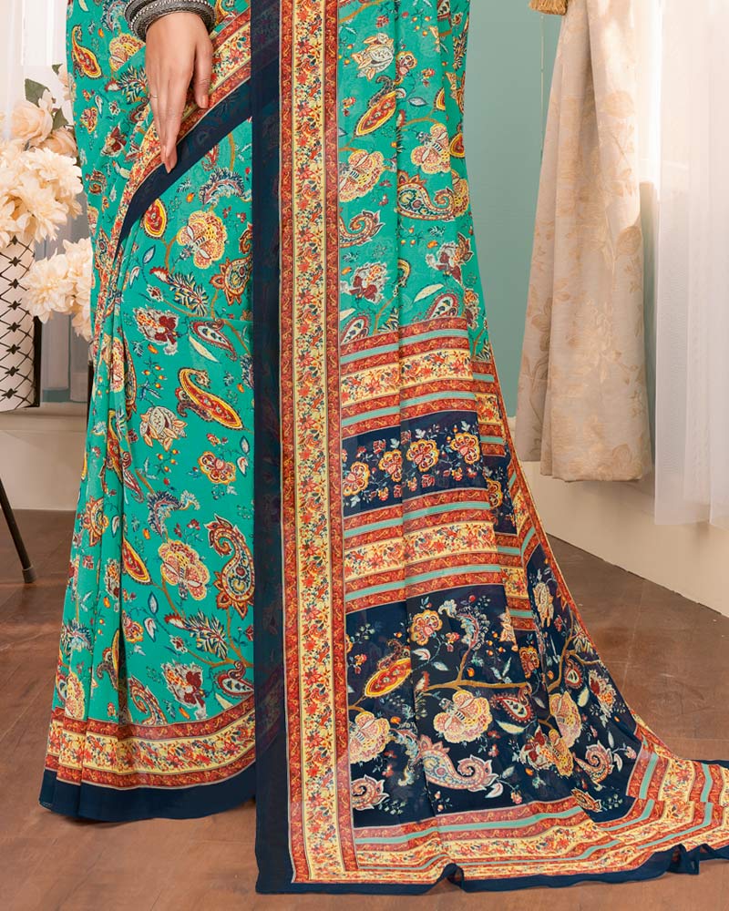 Vishal Prints Teal Digital Print Georgette Saree