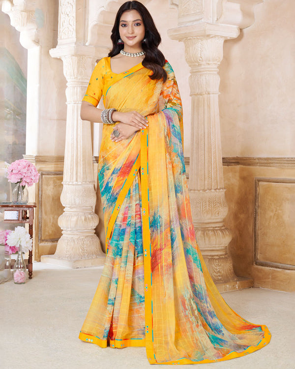 Vishal Prints Dark Yellow Printed Patterned Georgette Saree With Fancy Border