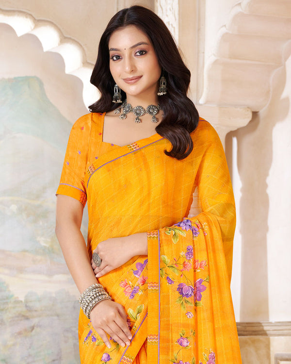 Vishal Prints Golden Yellow Printed Patterned Georgette Saree With Fancy Border