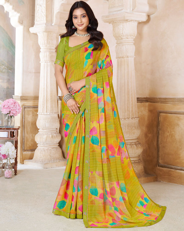 Vishal Prints Olive Yellow Printed Patterned Georgette Saree With Fancy Border