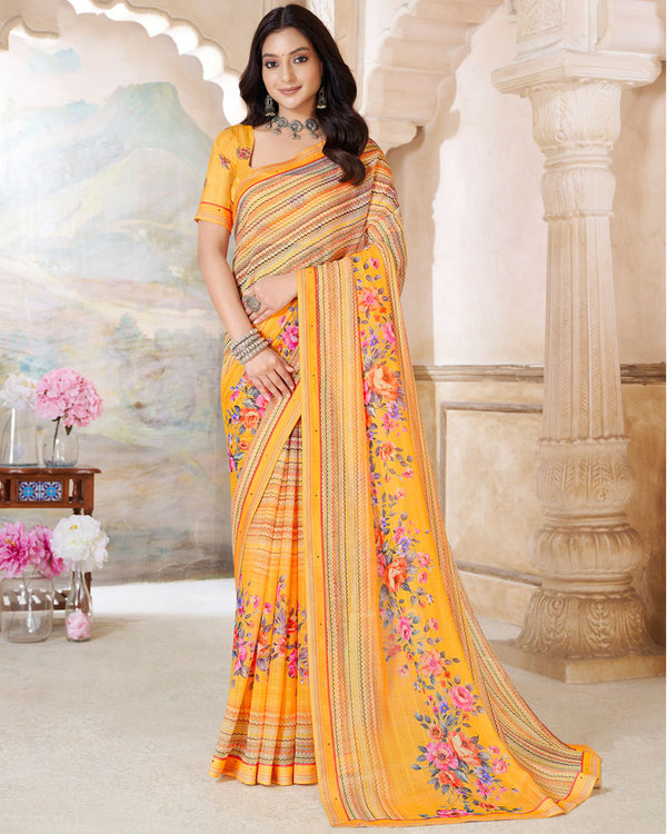 Vishal Prints Pastel Yellow Printed Patterned Georgette Saree With Fancy Border