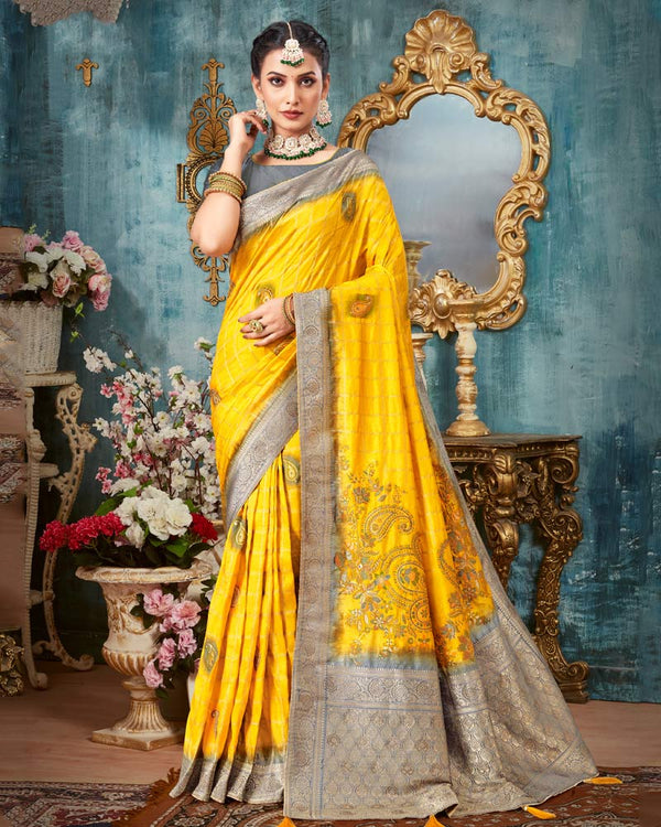 Vishal Prints Yellow Dola Silk Weaving Work Saree With Border And Tassel