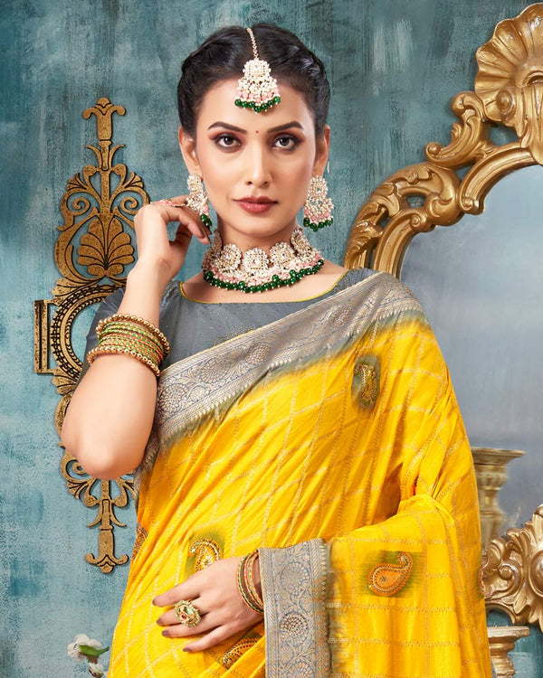 Vishal Prints Yellow Dola Silk Weaving Work Saree With Border And Tassel