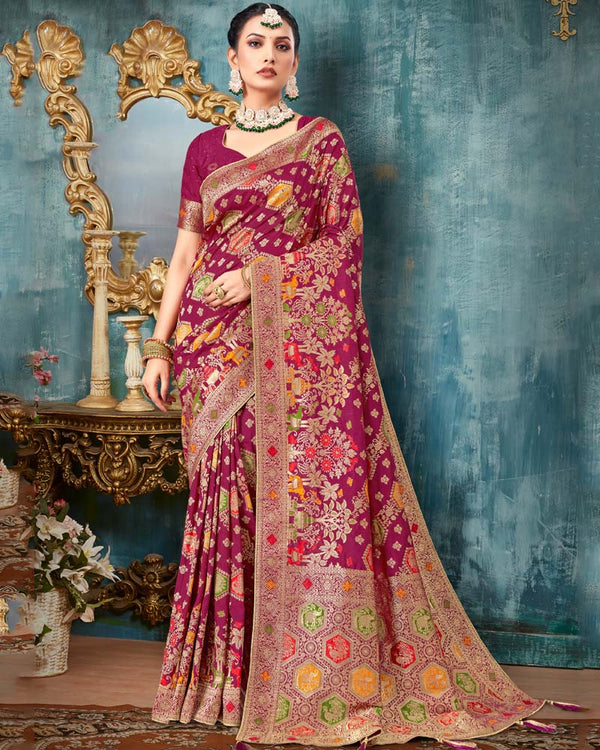 Vishal Prints Wine Dola Silk Weaving Work Saree With Border And Tassel