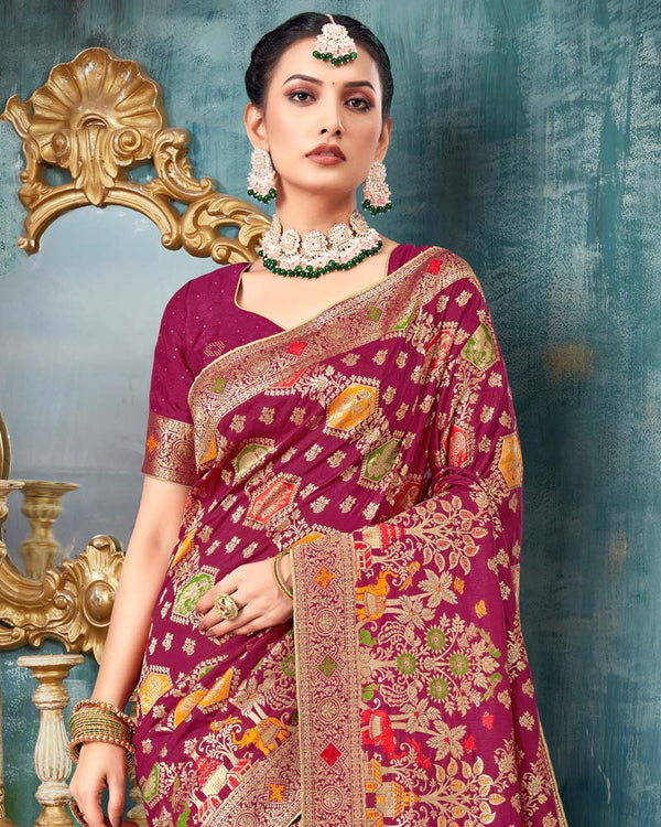 Vishal Prints Wine Dola Silk Weaving Work Saree With Border And Tassel