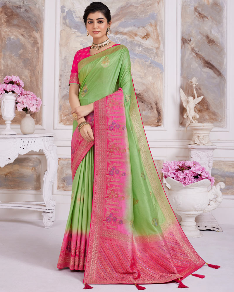 Vishal Prints Olivine Designer Dola Silk Weaving And Diamond Work Saree With Core Piping