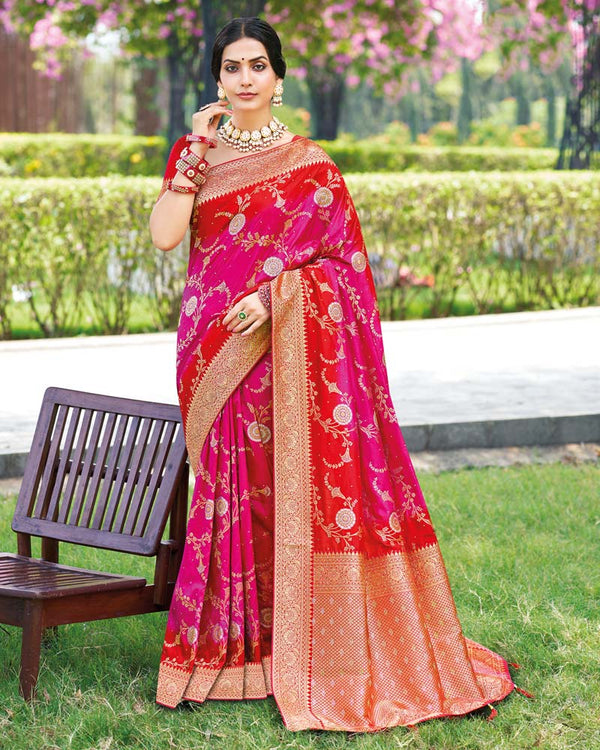 Vishal Prints Cherry Red Designer Dola Silk Weaving And Diamond Work Saree With Core Piping