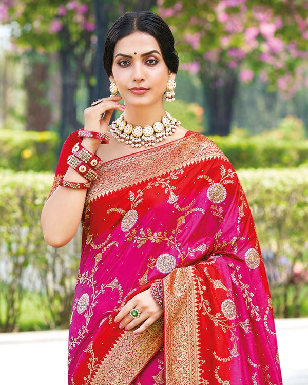 Vishal Prints Cherry Red Designer Dola Silk Weaving And Diamond Work Saree With Core Piping