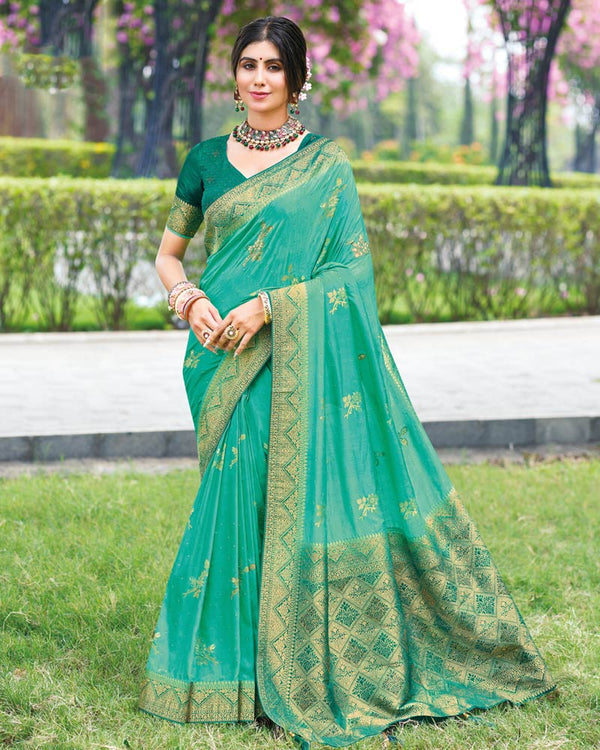 Vishal Prints Aqua Green Designer Dola Silk Weaving And Diamond Work Saree With Core Piping