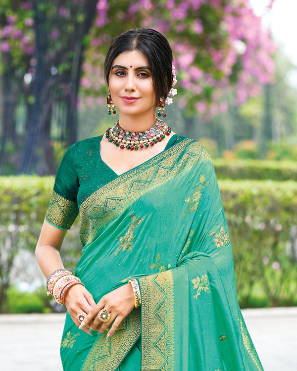 Vishal Prints Aqua Green Designer Dola Silk Weaving And Diamond Work Saree With Core Piping