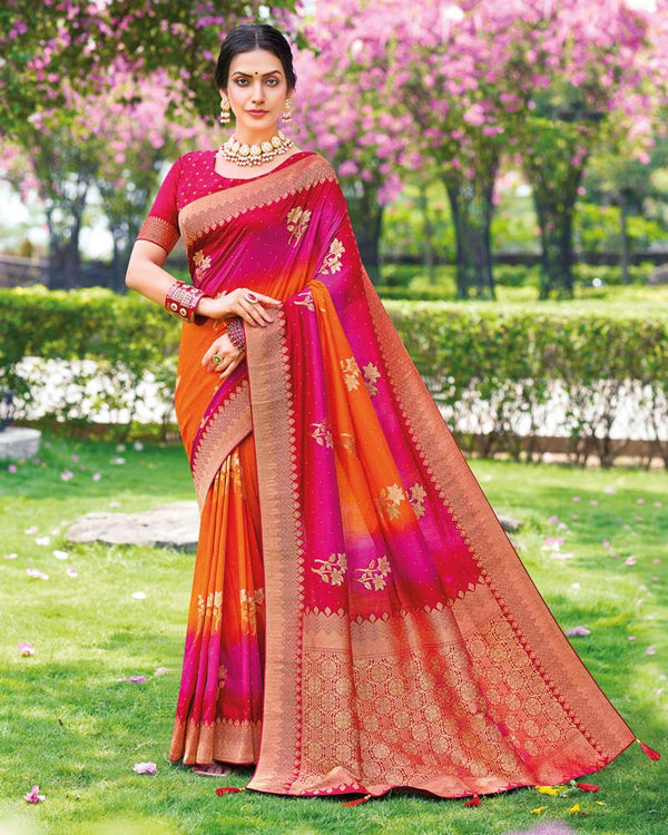 Vishal Prints Orange Designer Dola Silk Weaving And Diamond Work Saree With Core Piping