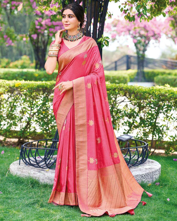 Vishal Prints Froly Pink Designer Dola Silk Weaving And Diamond Work Saree With Core Piping