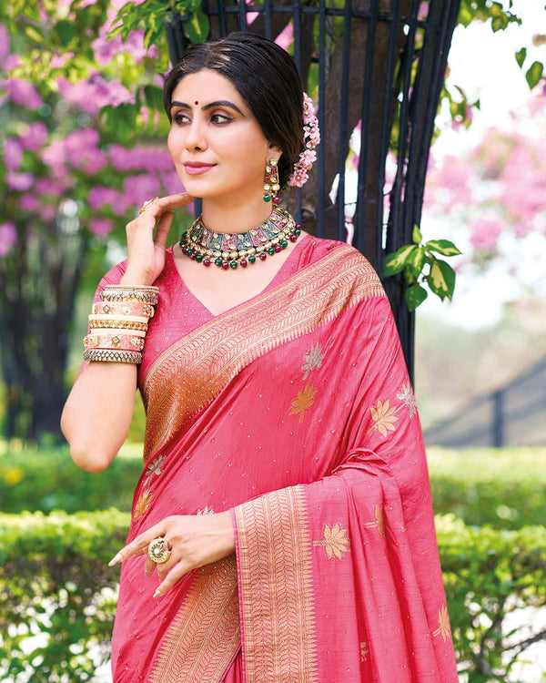 Vishal Prints Froly Pink Designer Dola Silk Weaving And Diamond Work Saree With Core Piping