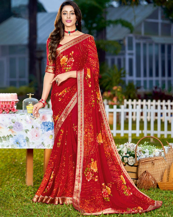 Vishal Prints Cherry Red Printed Georgette Saree With Border