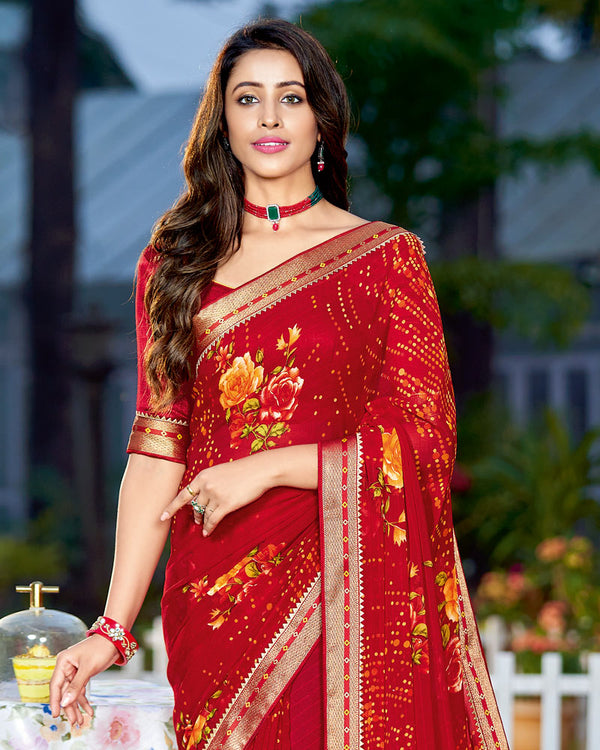 Vishal Prints Cherry Red Printed Georgette Saree With Border