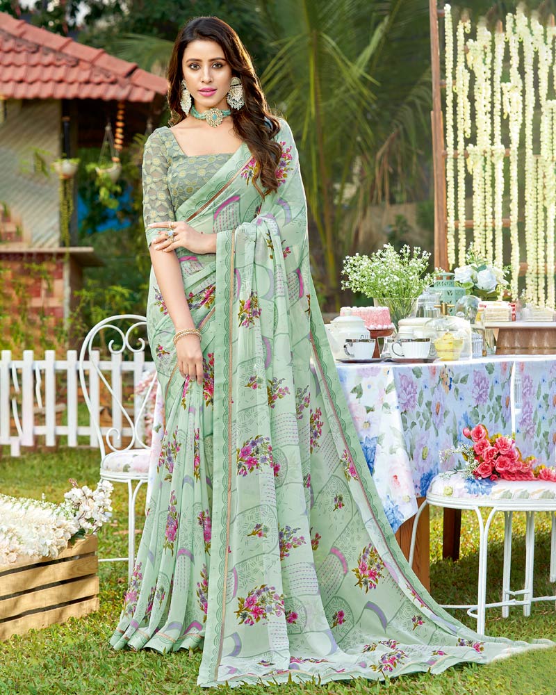 Vishal Prints Mist Green Printed Georgette Saree With Border