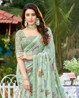 Vishal Prints Mist Green Printed Georgette Saree With Border