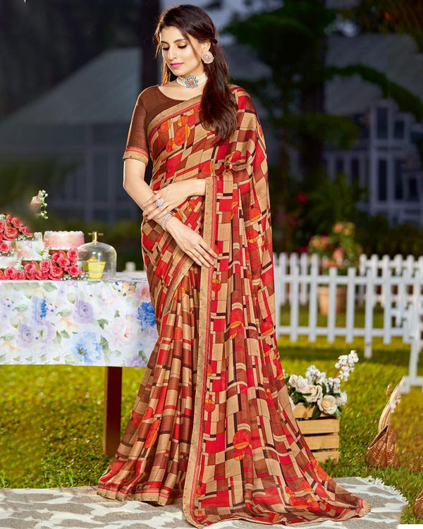 Vishal Prints Cherry Red Printed Georgette Saree With Border