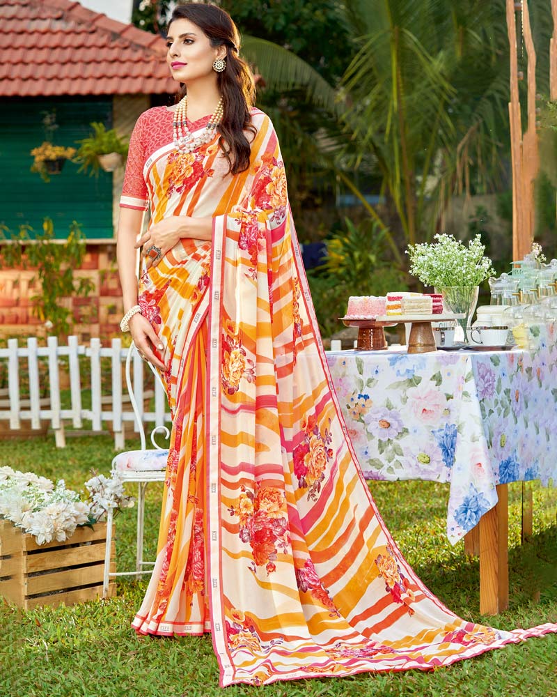 Vishal Prints Off White Printed Georgette Saree With Border