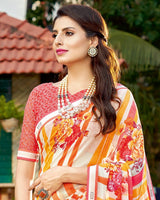 Vishal Prints Off White Printed Georgette Saree With Border