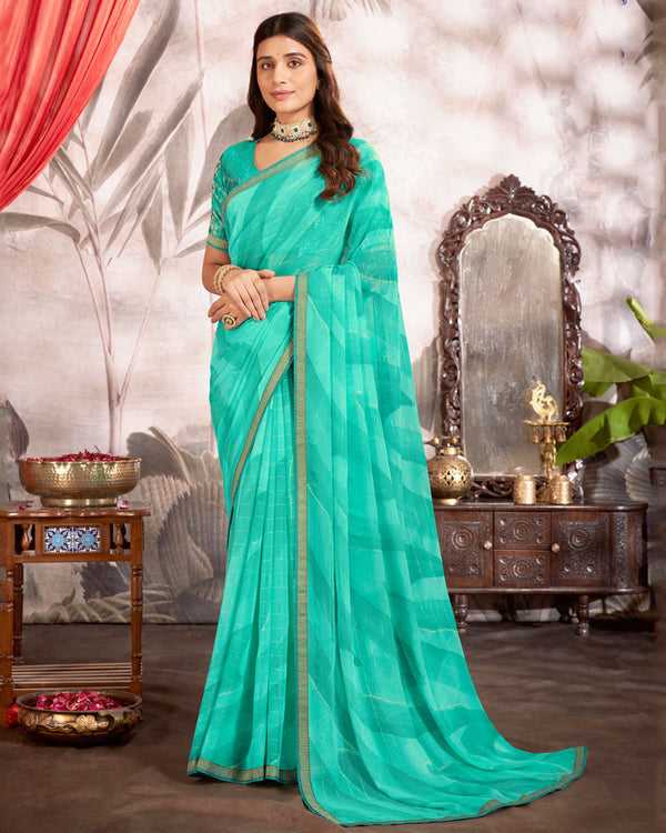 Vishal Prints Aqua Green Printed Fancy Chiffon Saree With Foil Print And Border