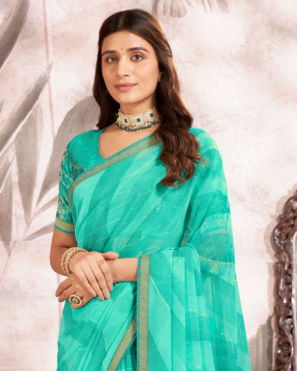 Vishal Prints Aqua Green Printed Fancy Chiffon Saree With Foil Print And Border