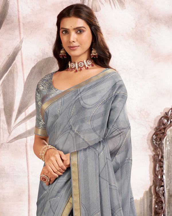 Vishal Prints Grey Printed Fancy Chiffon Saree With Foil Print And Border