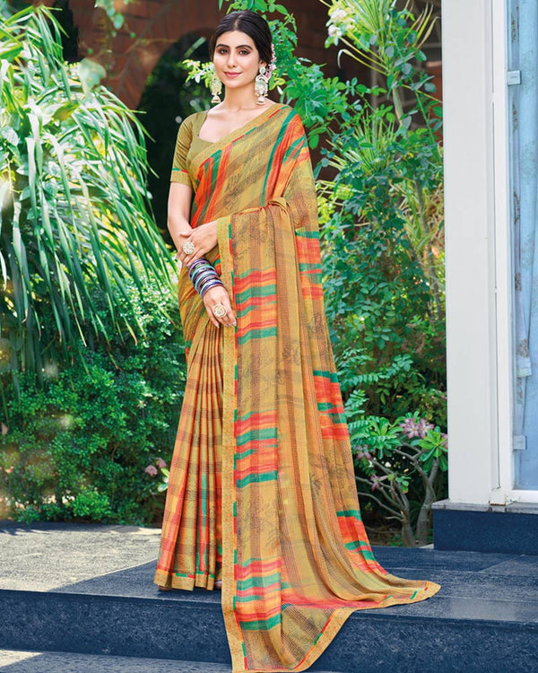 Vishal Prints Whiskey Brown Printed Fancy Chiffon Saree With Border