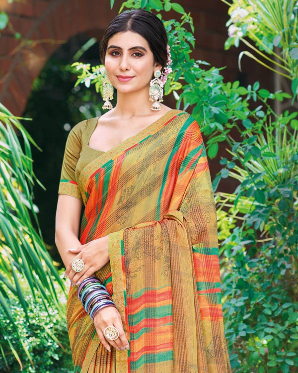 Vishal Prints Whiskey Brown Printed Fancy Chiffon Saree With Border