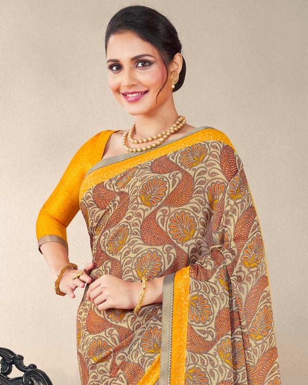 Vishal Prints Beige Printed Criva Crepe Saree With Fancy Border