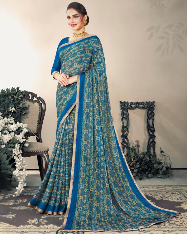 Vishal Prints Blue Printed Criva Crepe Saree With Fancy Border