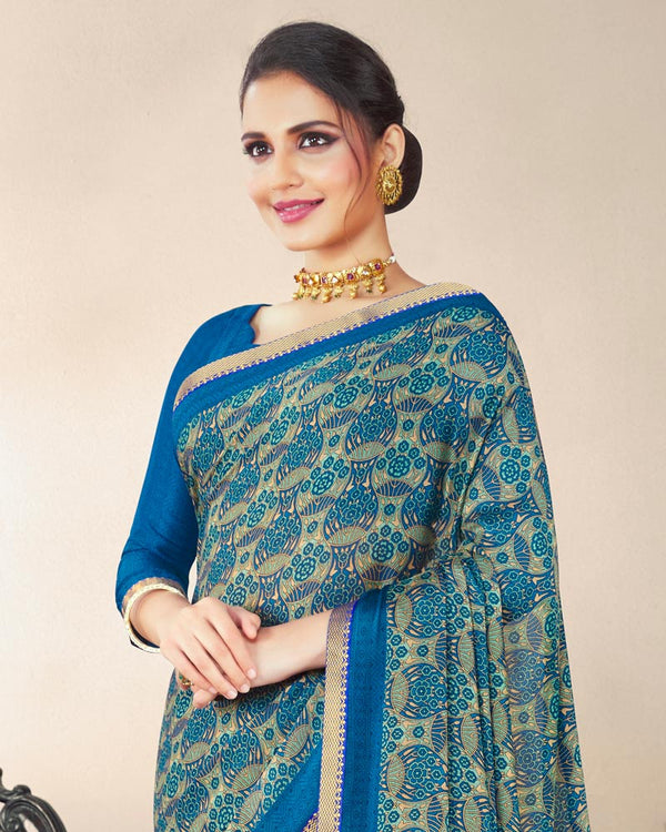 Vishal Prints Blue Printed Criva Crepe Saree With Fancy Border