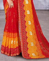 Vishal Prints Cherry Red Printed Bandhani Print Chiffon Saree With Foil Print And Fancy Border