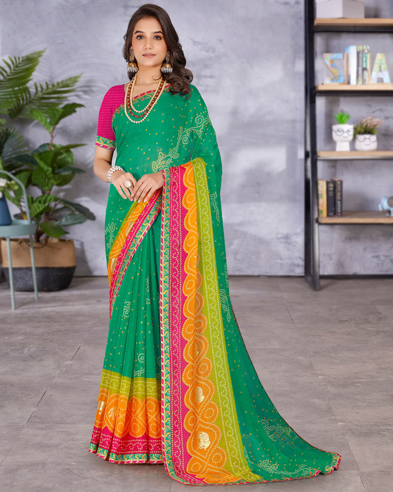 Vishal Prints Jade Green Printed Bandhani Print Chiffon Saree With Foil Print And Fancy Border