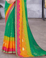 Vishal Prints Jade Green Printed Bandhani Print Chiffon Saree With Foil Print And Fancy Border