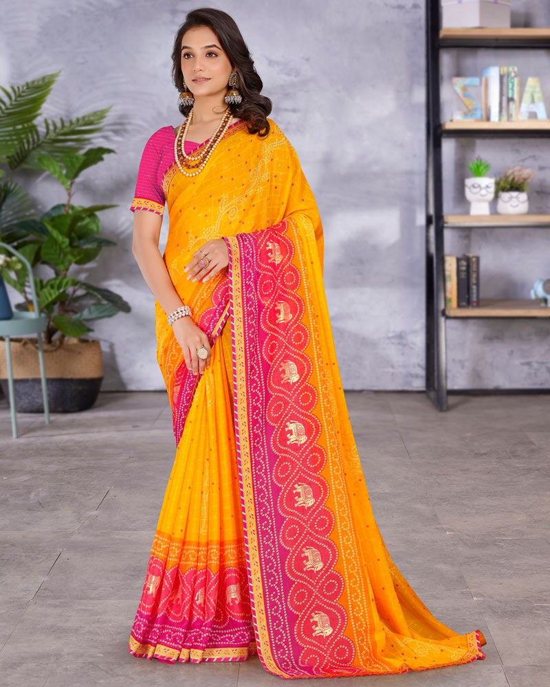 Vishal Prints Golden Yellow Printed Bandhani Print Chiffon Saree With Foil Print And Fancy Border