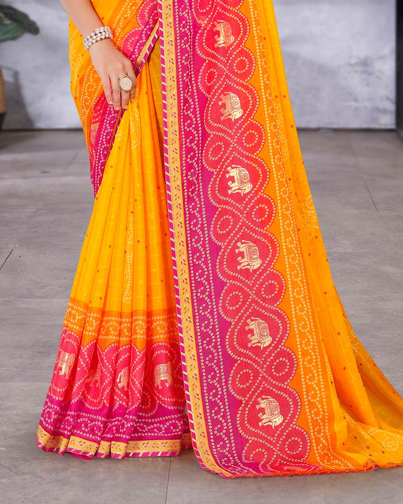 Vishal Prints Golden Yellow Printed Bandhani Print Chiffon Saree With Foil Print And Fancy Border