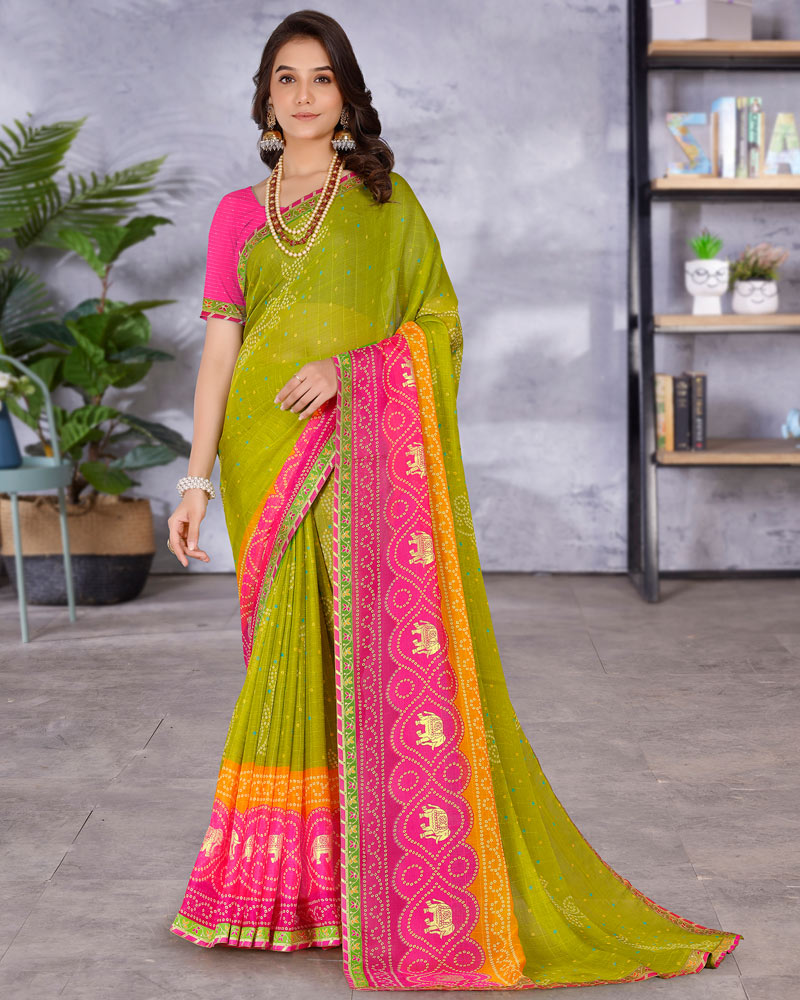 Vishal Prints Olive Green Printed Bandhani Print Chiffon Saree With Foil Print And Fancy Border