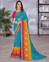 Vishal Prints Aqua Blue Printed Bandhani Print Chiffon Saree With Foil Print And Fancy Border