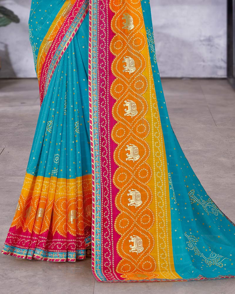 Vishal Prints Aqua Blue Printed Bandhani Print Chiffon Saree With Foil Print And Fancy Border