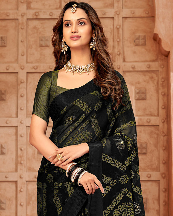 Vishal Prints Black Designer Brasso Saree With Weaved Satin Patta And Diamond Work