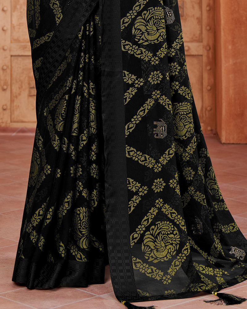 Vishal Prints Black Designer Brasso Saree With Weaved Satin Patta And Diamond Work