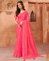 Vishal Prints Pink Designer Brasso Saree With Weaved Satin Patta And Diamond Work