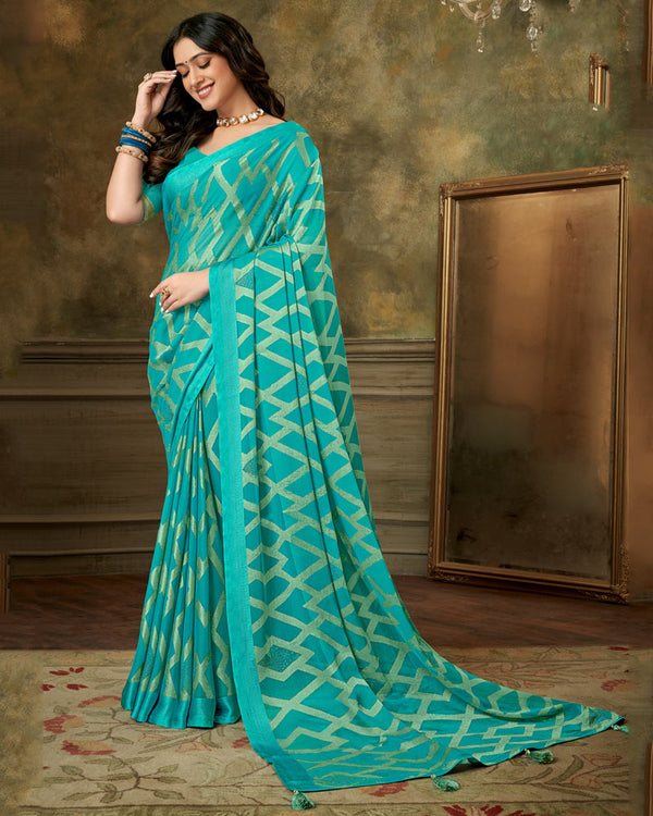 Vishal Prints Teal Green Designer Brasso Saree With Weaved Satin Patta And Diamond Work