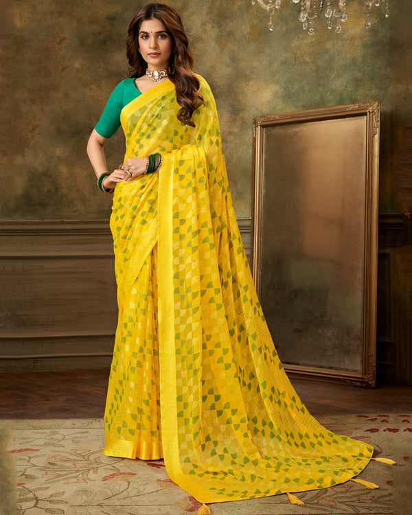 Vishal Prints Yellow Designer Brasso Saree With Weaved Satin Patta And Diamond Work