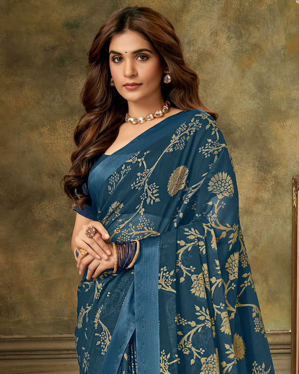 Vishal Prints Dark Teal Blue Designer Brasso Saree With Weaved Satin Patta And Diamond Work