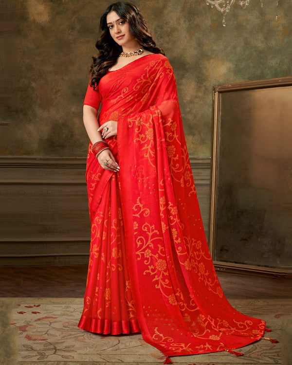 Vishal Prints Alizarin Crimson Designer Brasso Saree With Weaved Satin Patta And Diamond Work