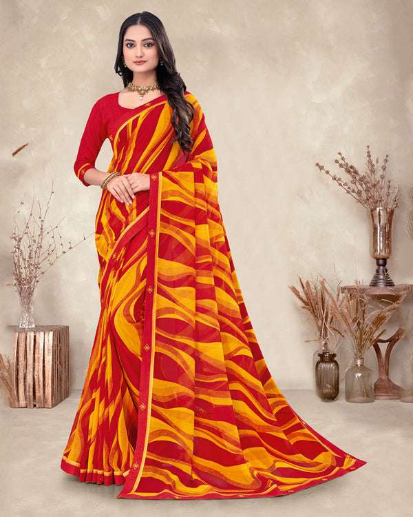 Vishal Prints Cherry Red Printed Georgette Saree With Fancy Border