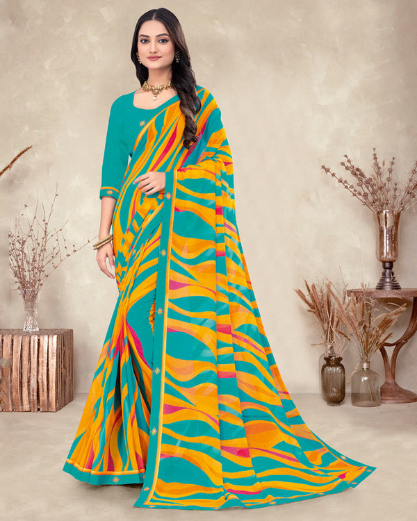 Vishal Prints Teal Blue Printed Georgette Saree With Fancy Border