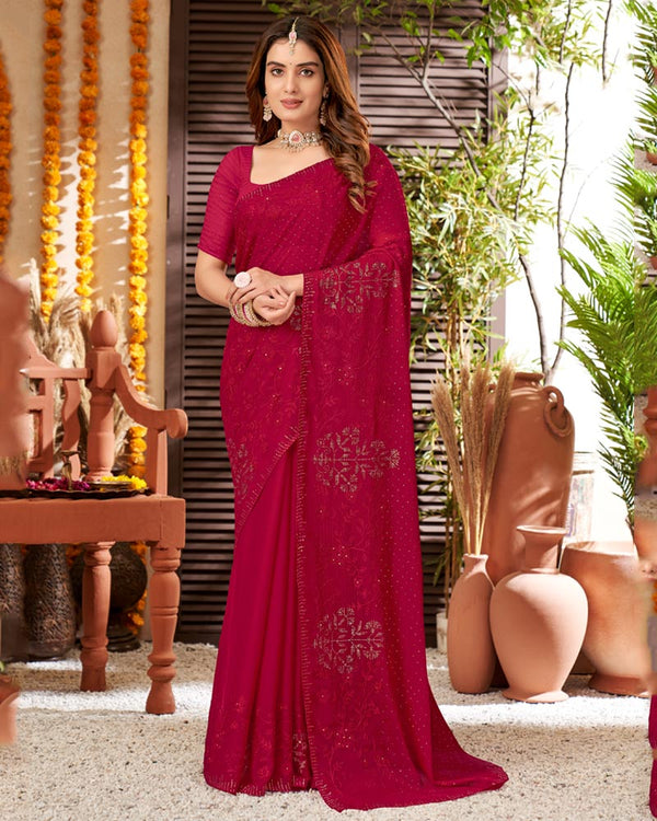 Vishal Prints Burgundy Chiffon Saree With Embroidery And Stone Work